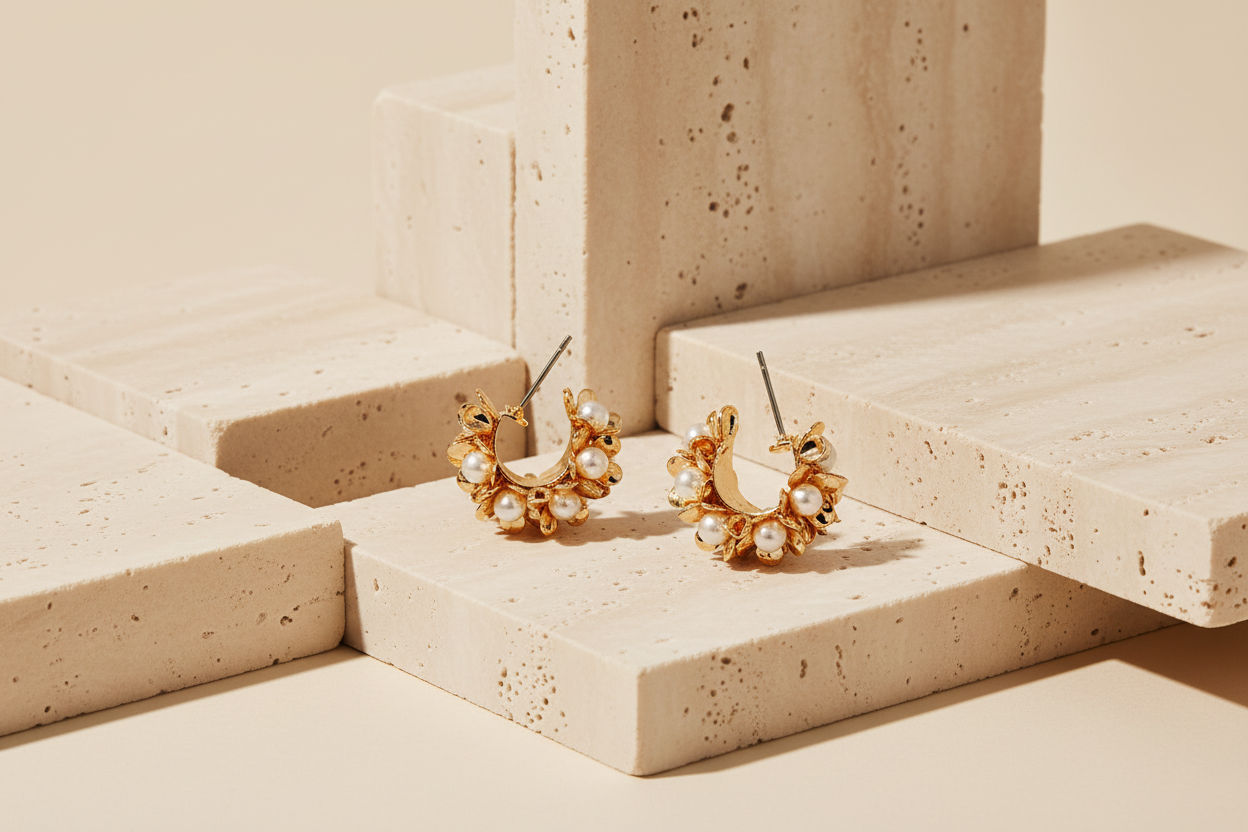 Pearl Beaded Flower Hoop Earrings