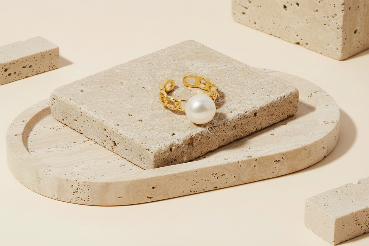 Pearl Stud Metallic Chain Open Band Ring