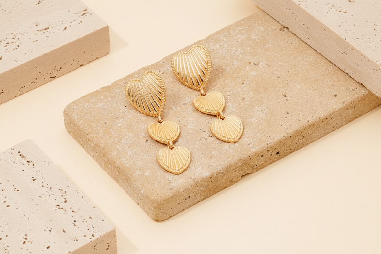Ribbed Triple Heart Dangle Earrings