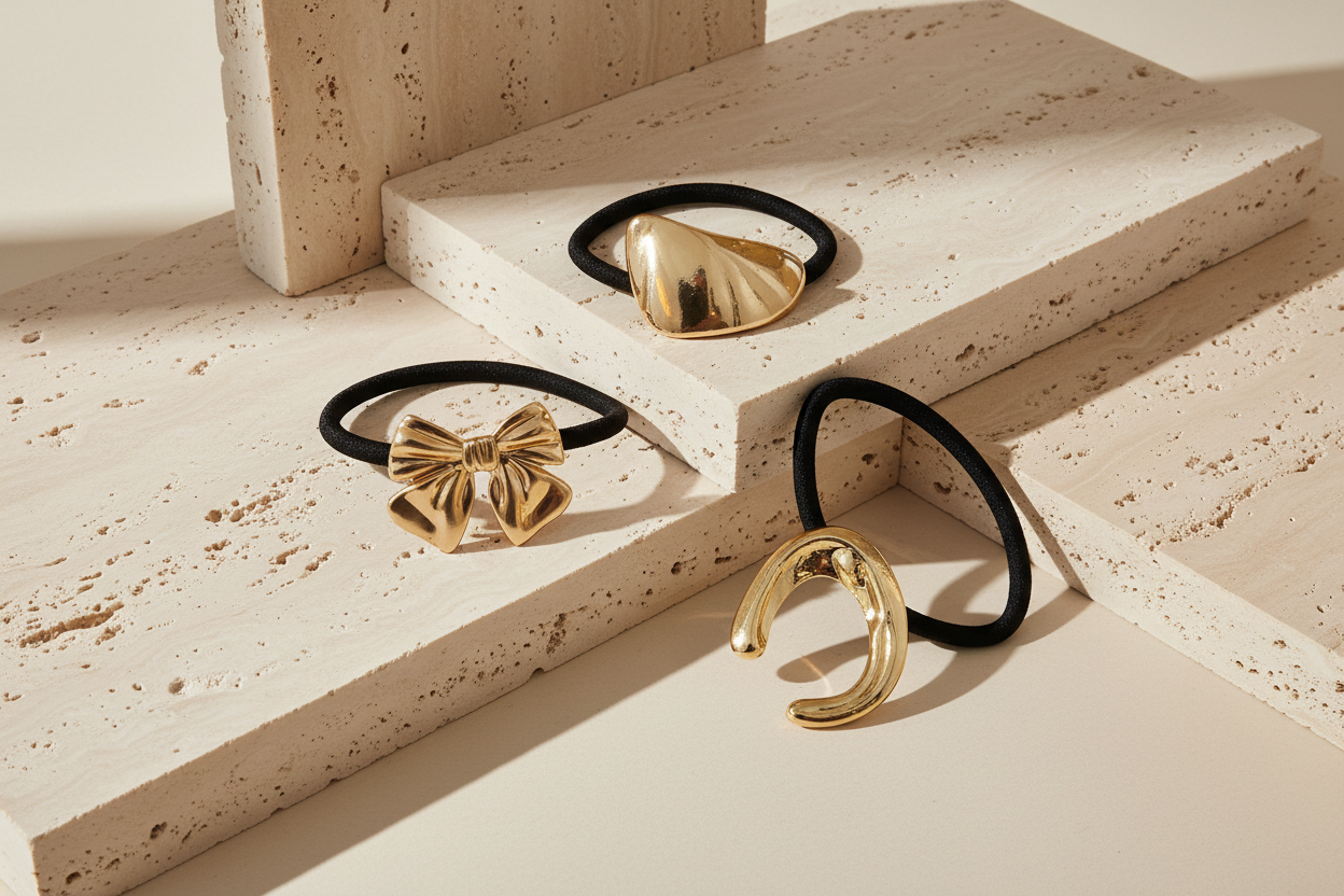 Metallic Ribbon Bow And Shapes Hair Tie