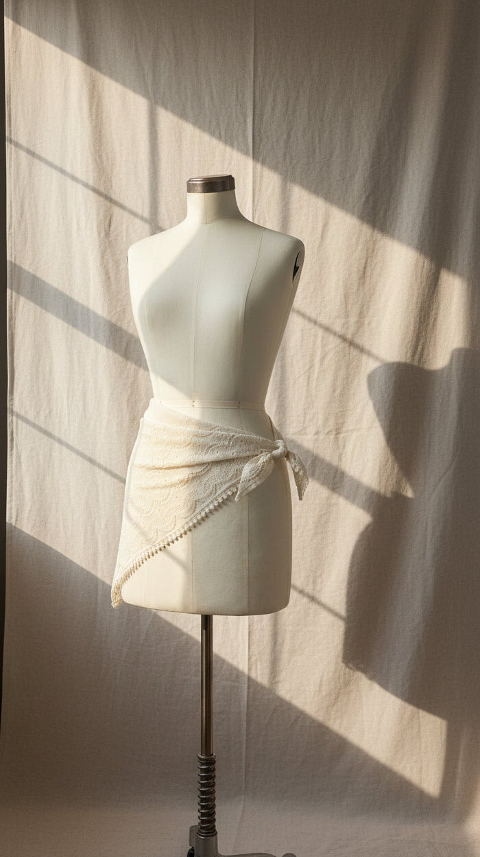 Mannequin wearing a white triangular scar with lace details against a textured wall.